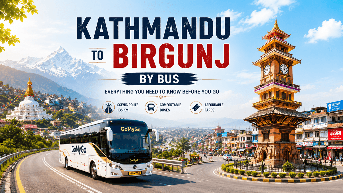 A premium GoMyGo luxury bus on a clean curved road in Birgunj, with the iconic Birgunj clock tower and cityscape in the background, representing the Kathmandu to Birgunj bus route 2026.
