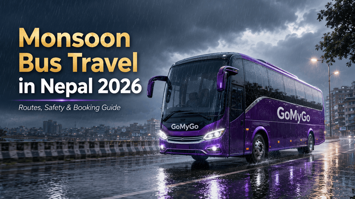 Purple GoMyGo bus driving on a rainy Kathmandu Ring Road for Monsoon Bus Travel in Nepal 2026 guide