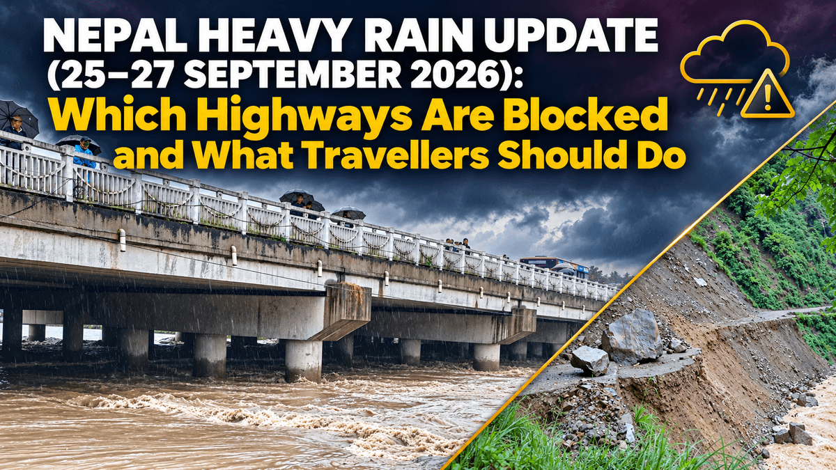 Swollen river under a bridge and a landslide-hit hill road as Nepal highways are blocked by heavy rain, September 2026