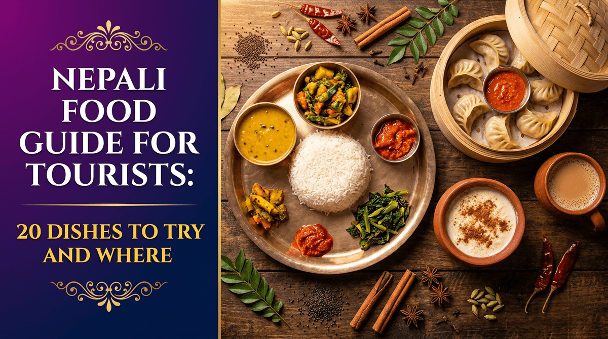 A flat-lay of dal bhat, momo, juju dhau and chiya on a purple-themed poster for the Nepali food guide for tourists.