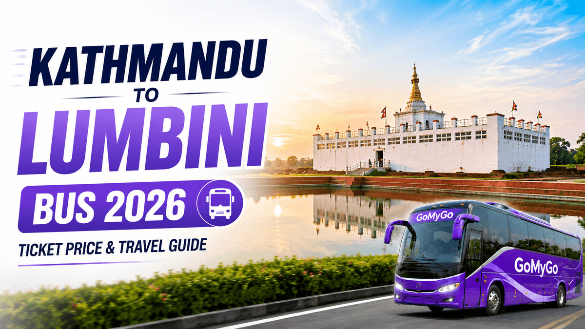 Premium GoMyGo bus traveling from Kathmandu to Lumbini with Lumbini temple complex in the background, representing the 2026 bus route and travel guide.