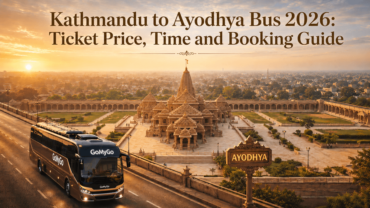 GoMyGo luxury bus traveling to Ayodhya from Kathmandu with scenic view of Ayodhya temple in the background