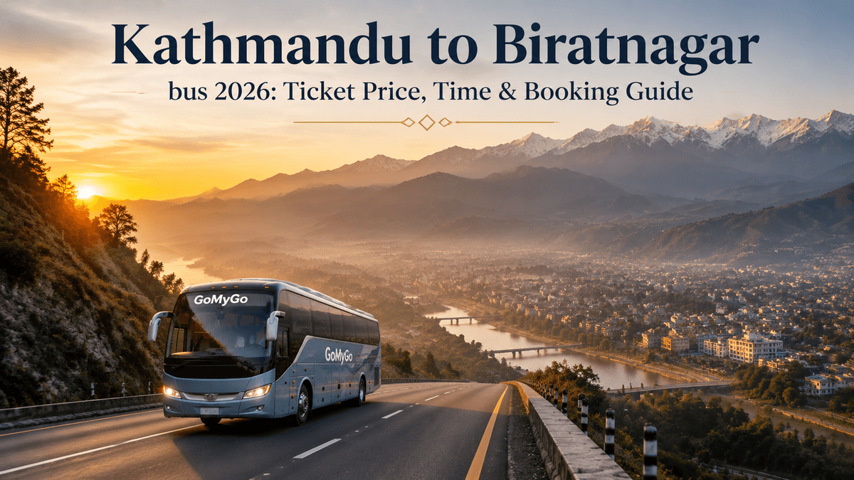 Scenic long-distance bus traveling from Kathmandu to Biratnagar on Mahendra Highway with Terai plains in the background