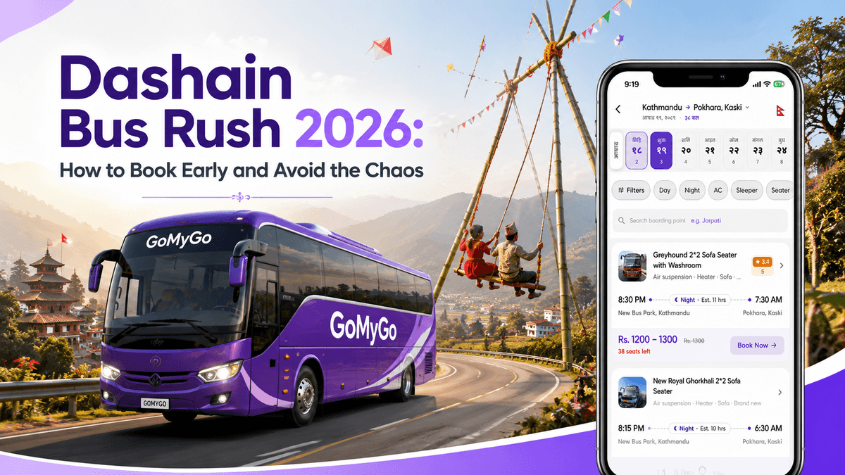 A purple GoMyGo bus drives past a Dashain ping swing with the booking app shown, for the Dashain bus rush 2026 guide.