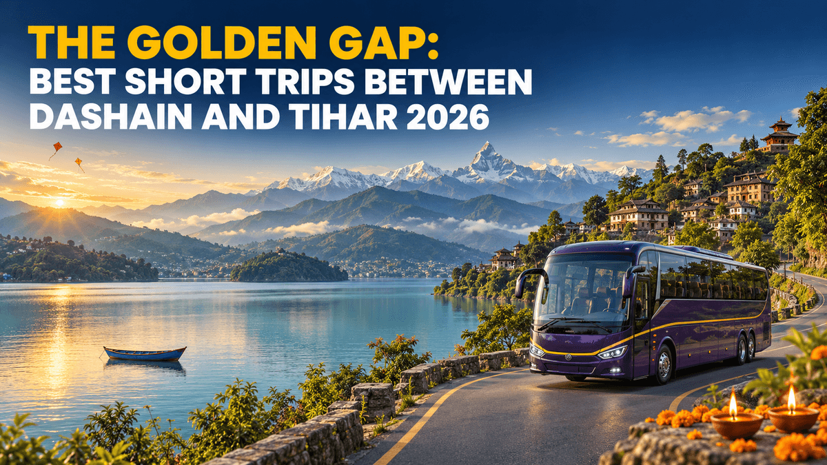 Purple coach on a lakeside road below the Himalaya, with kites and Tihar diyos, for trips between Dashain and Tihar 2026