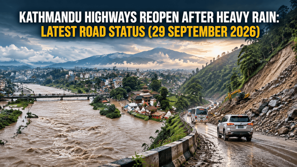 Bus and car pass an excavator clearing a landslide beside a swollen river as Kathmandu highways reopen, September 2026