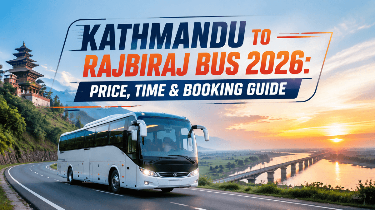 Scenic long-distance bus journey from Kathmandu to Rajbiraj across the Terai plains, showing a premium bus on the highway.