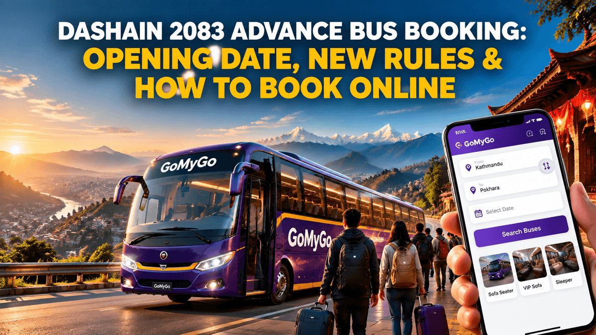 Travellers walk to a purple coach as a phone shows a Kathmandu to Pokhara bus search, for Dashain 2083 advance bus booking