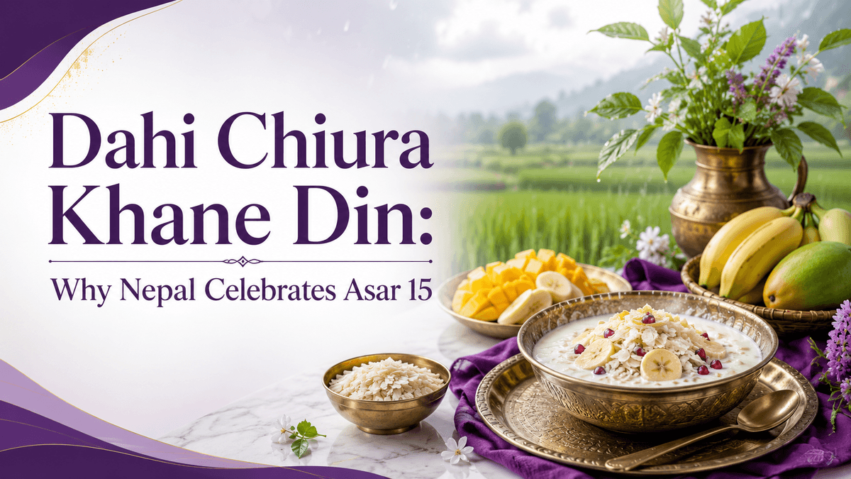 Traditional dahi chiura served with mangoes, bananas, and seasonal fruits against green paddy fields for Nepal’s Asar 15 celebration.