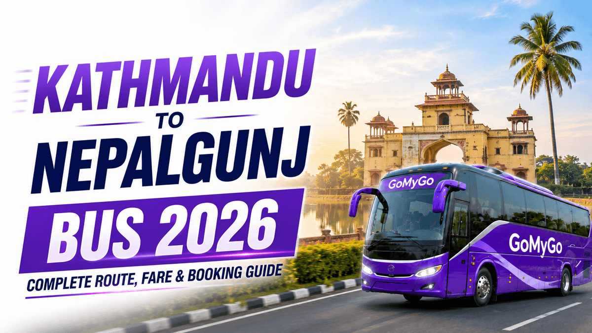 Purple GoMyGo sleeper coach driving past a golden-hour lakeside palace and palm trees on the Kathmandu to Nepalgunj bus route