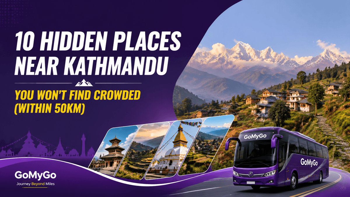 GoMyGo tour coach on a mountain road past Himalayan peaks and a Newari village, featuring 10 hidden places near Kathmandu