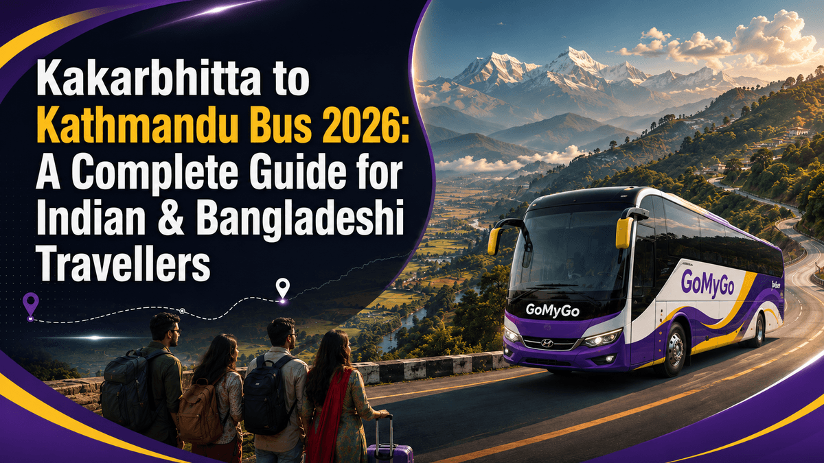 GoMyGo bus on a winding Himalayan highway with travellers viewing the mountains — Kakarbhitta to Kathmandu bus 2026 guide