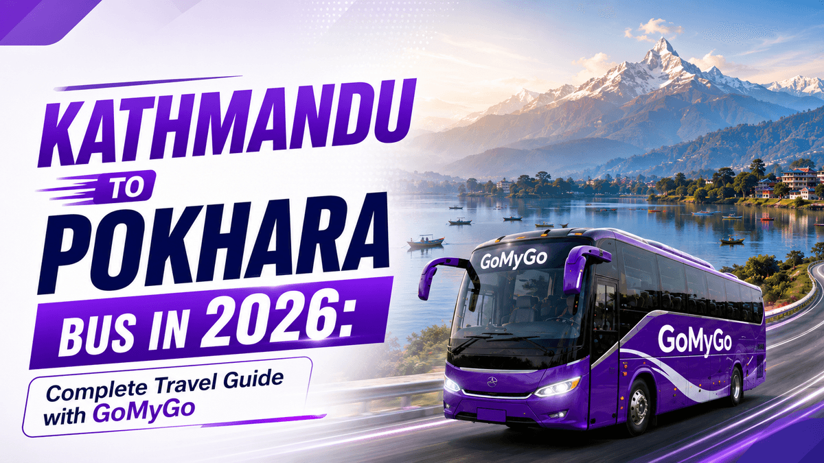Kathmandu to Pokhara bus travel guide 2026 featuring a luxury GoMyGo bus beside Phewa Lake and Himalayan mountain views in Pokhara