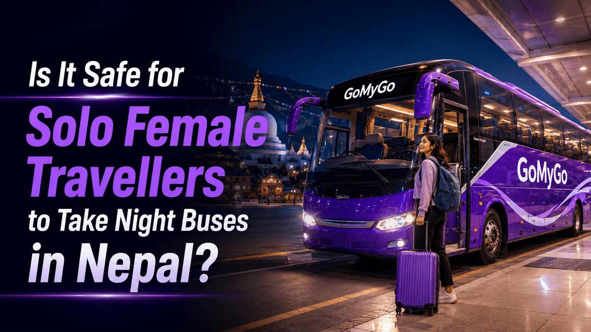 Solo female traveller with luggage beside a purple GoMyGo night bus at a well-lit terminal in Nepal.
