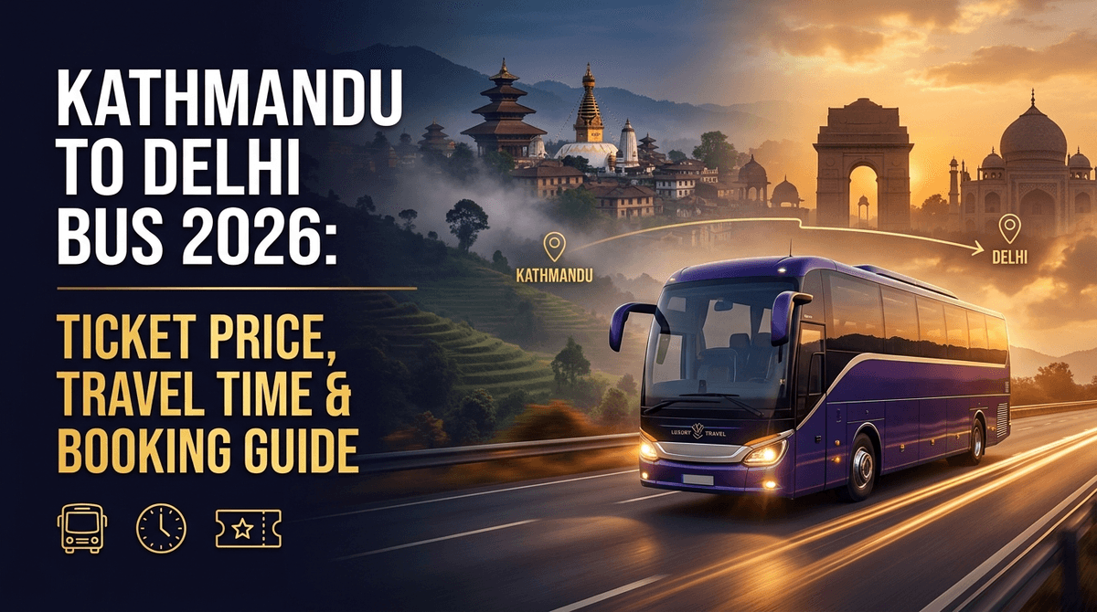 A purple GoMyGo coach travels from Kathmandu's hills to Delhi's skyline on a premium poster for the Kathmandu to Delhi bus.