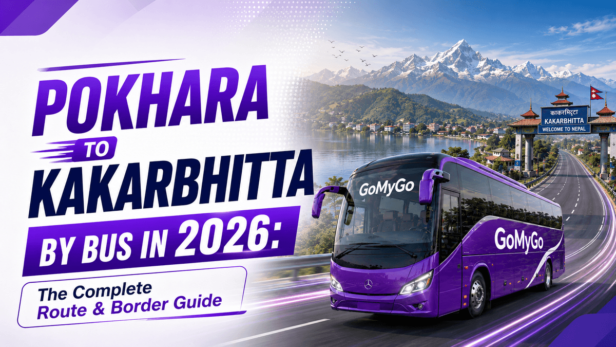 Purple GoMyGo luxury coach bus driving past Pokhara's lake and Himalayan peaks toward the Kakarbhitta bus route.