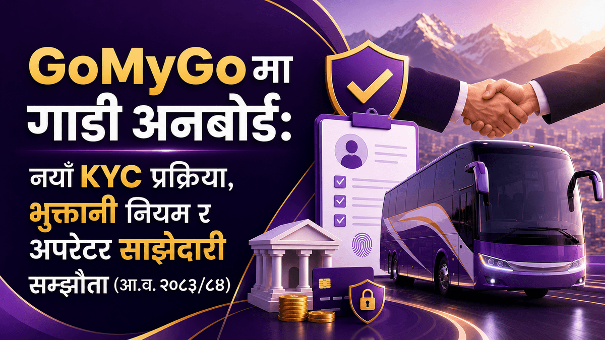 GoMyGo को purple बस, KYC चेकलिस्ट, बैंक र ह्यान्डसेक — नेपाली बस अपरेटरका लागि गाडी अनबोर्ड, भुक्तानी नियम र साझेदारी सम्झौता।